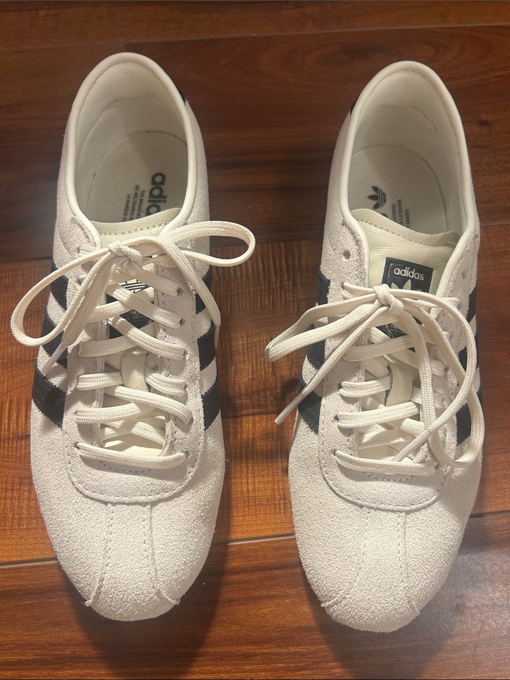 Adidas Women’s Off-White Suede Sneakers with Black Stripes